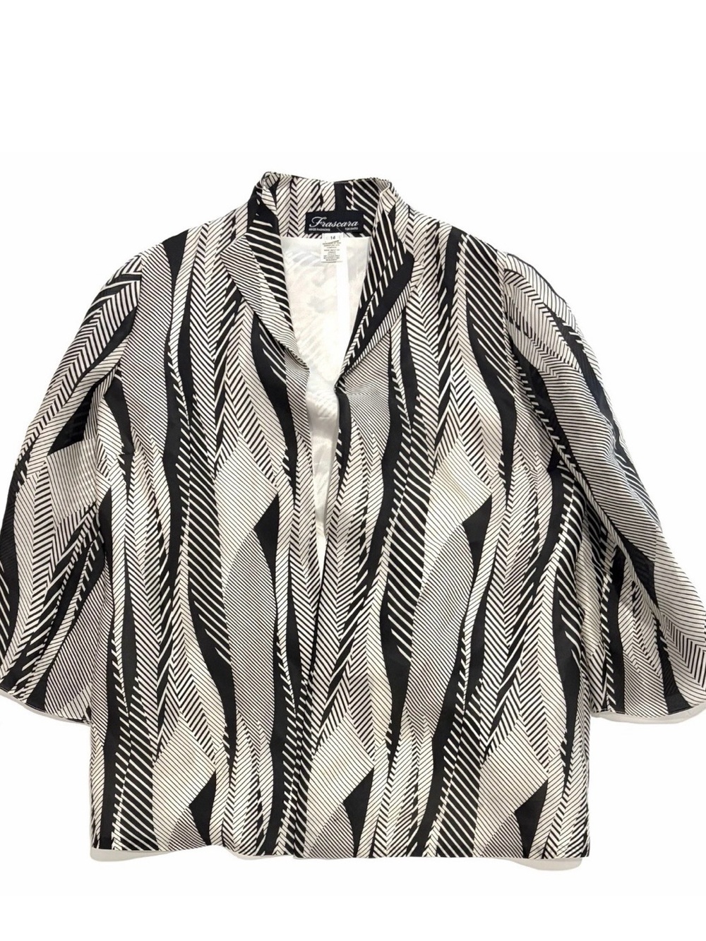 VTG Frascara Women's 14 Black/White Geometric Open Jacket 3/4 Sleeve Silk Lined